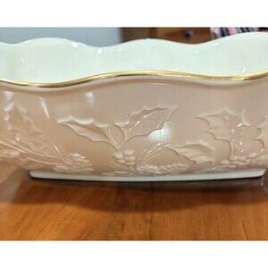 Lenox Mistletoe And Holly Embossed Ivory Serving Bowl Made In USA.